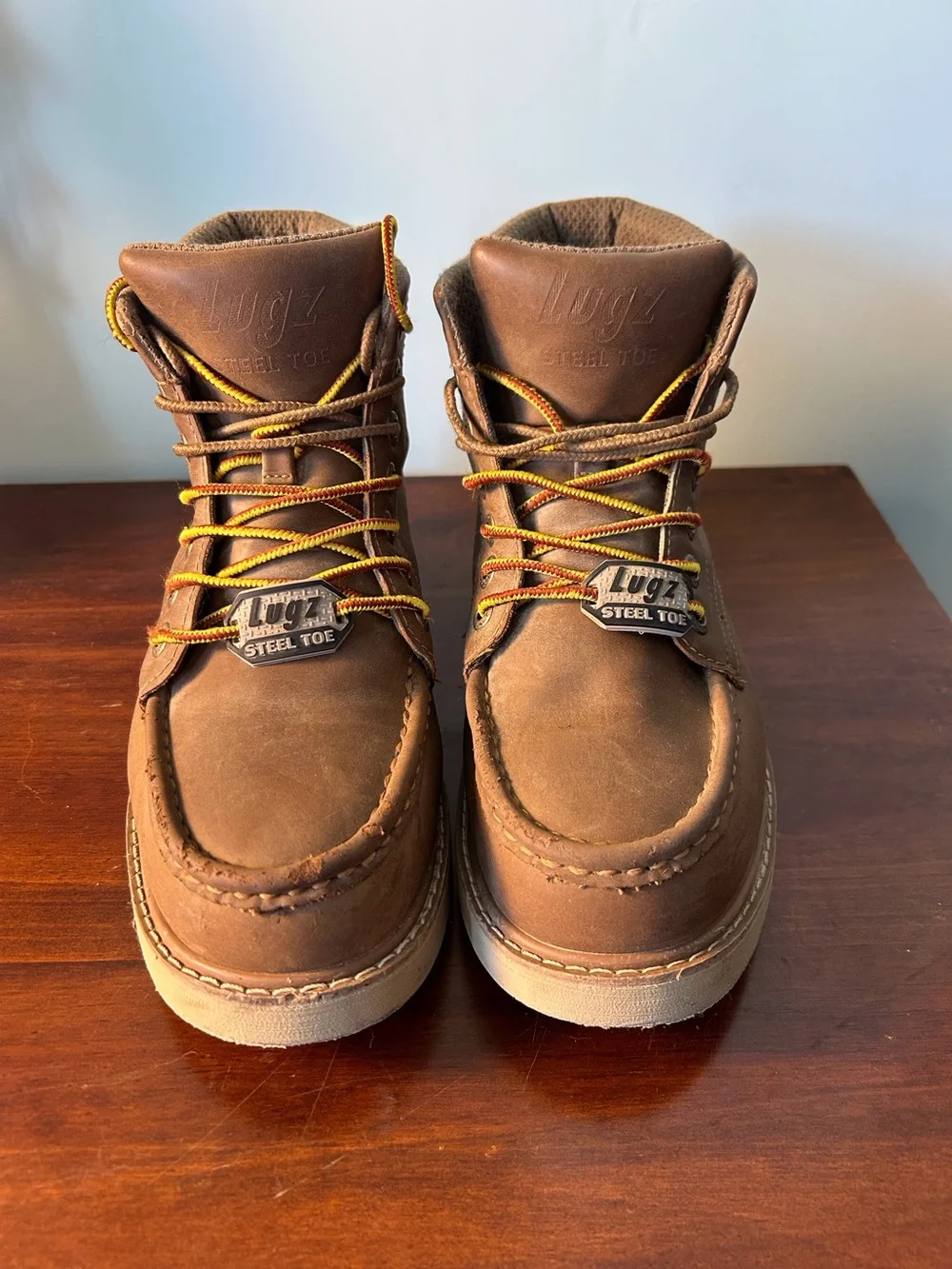 Lugz Brown Monterey Steel-Toe Work Boots Cashew Yellow-Trim Laces Sz 7.5W